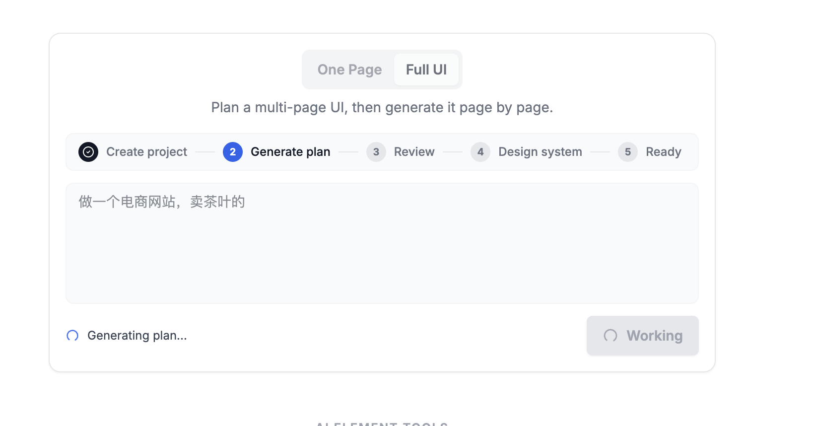 AI UI Designer generating a responsive dashboard interface with real-time React and Tailwind CSS code preview using Gemini and GPT models.