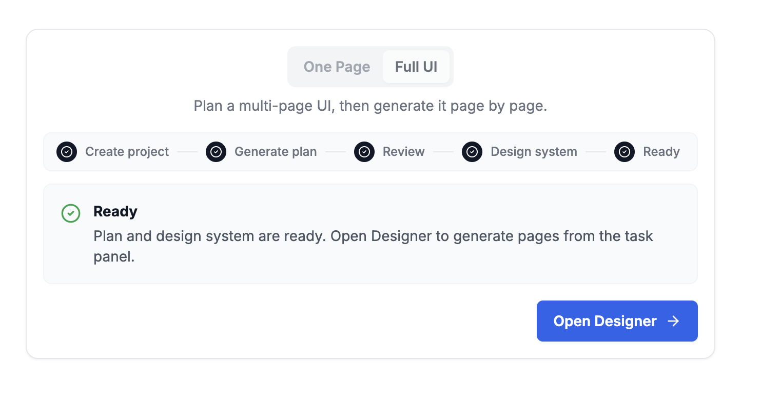 AI UI Designer generating a responsive dashboard interface with real-time React and Tailwind CSS code preview using Gemini and GPT models.